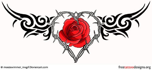 Black Tribal and Red Rose Barbed Wire Tattoo Design